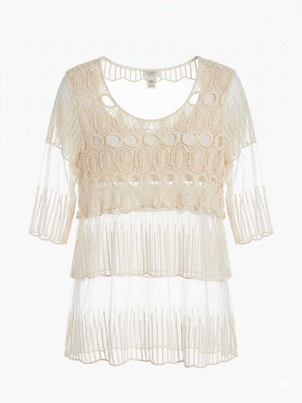 Cream Sheer Crochet Mesh Short Sleeve Top Size 14W/16W Boho Peasant Gypsy Cato